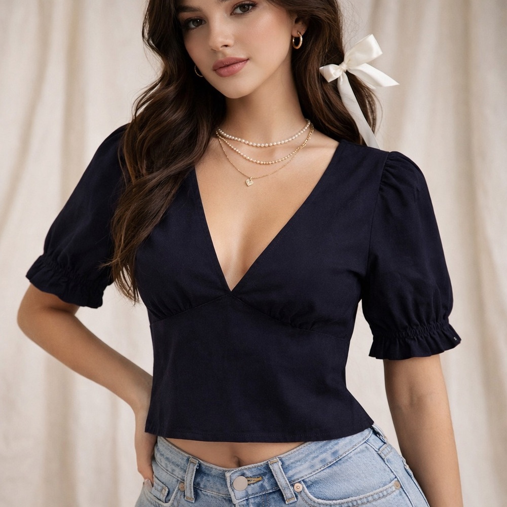 NWT Abercrombie Tie-Back Short Sleeve Top Puff Sleeve Navy Blue Large